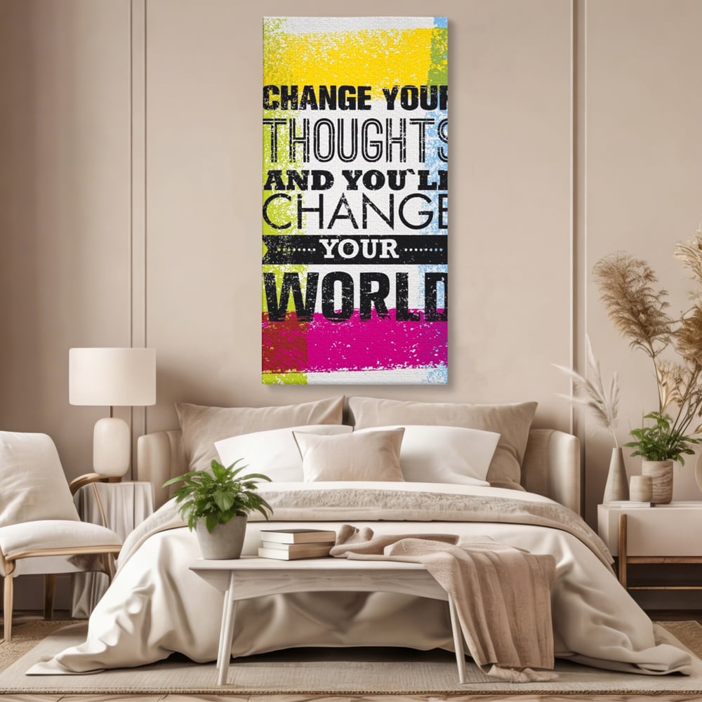 Tablou canvas cu tablou canvas cu mesaj motivational colorat, fara rama, pe sasiu de lemn, pe perete intr-un dormitor